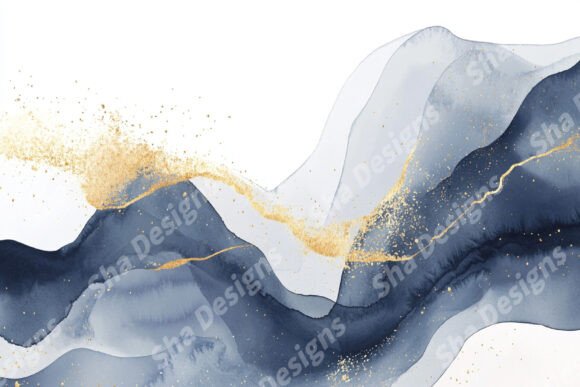Abstract Blue and Gold Ink Wash Painting